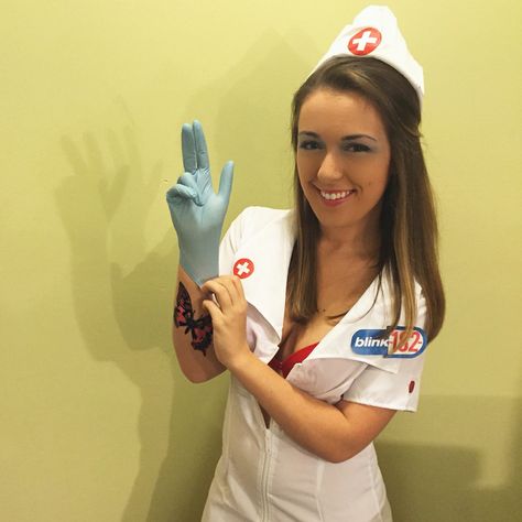 Blink-182 enema of the state DIY Halloween college costume Blink 182 Costume, Halloween Nurse Makeup, Blink 182 Nurse, Blink 182 Nurse Costume, College Costumes, Medical Fashion, Superhero Cosplay, Scrubs Outfit, Hallowen Costume