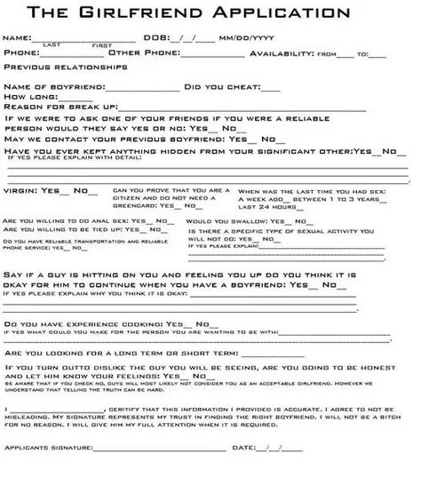 The girlfriend application Cuddle Buddy Application, Best Friend Application, Girlfriend Application, Boyfriend Application, Relationship Contract, Funny Certificates, Friend Application, Michael Morgan, Apps For Girls