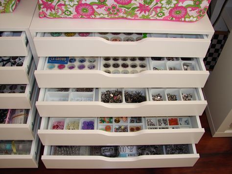 These cabinets are found at IKEA. They are part of the Alex series. I bought jewelry organizers and used those to sort my embellishments. Scrapbook Rooms, Scrapbooking Room, Jewelry Storage Cabinet, Organiser Son Dressing, Room Organisation, Scrapbook Storage, Ikea Alex, Dream Craft Room, Craft Room Design