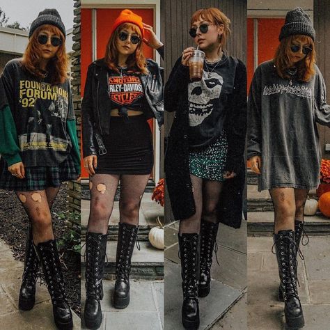 Fits With Boots, Alternative Fall Outfits, Vestidos Goth, Ripped Fishnets, Outfit Punk, October First, Alt Summer, Grunge Outfits Fall, Band Tee Outfits