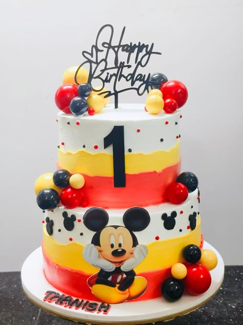 Mickey Mouse Theme Birthday Cake, Buttercream Mickey Mouse Cake, Mickey And Minnie Cake Together, Mickey Mouse Cake 1st Birthday, Cartoon Theme Cake, Mickey Mouse Birthday Cakes, Mickey Mouse Theme Cake, Mickey Mouse 1st Birthday Cake, Pastel Mickey Mouse