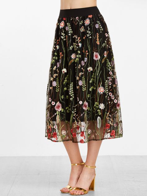 Shop Floral Embroidered Mesh Overlay Tea Length Skirt online. SheIn offers Floral Embroidered Mesh Overlay Tea Length Skirt & more to fit your fashionable needs. Tea Length Skirt, Bohemian Skirt, Dress Embroidery, Elegant Skirt, Mesh Overlay, Moda Vintage, Skirts Online, Mode Inspo, Mode Vintage