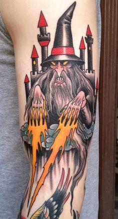 Omg wizard tattoo Wizard Tatoos, Traditional Wizard Tattoo, Wizard Tattoo, Woodcut Tattoo, Castle Tattoo, Uk Streetwear, Medieval Tattoo, Type Tattoo, Fantasy Tattoos