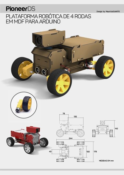 - Ideal para projetos e cursos de robótica
- Estrutura em MDF cortado a laser
- 4 Motores DC para tração + Ponte-H
- Suspensão nas 4 rodas
- Compartimento para Arduino Uno
- Slot para sensor de distância HC-SR04
- Slot para suporte de 6 pilhas AA
- Slot para sensores de linha
- Garra frontal Opcional (servos não inclusos)
- Sensor de infravermelho na cabeça
- Compatível com ARDUINO e ESP32 Arduino Laser, Robot Project, Science Gadgets, Arduino Projects Diy, Bahasa China, Mechanical Projects, Arduino Robot, Robotics Engineering, Mechanical Engineering Design