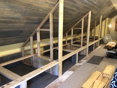 Bed Construction, Attic Bed, Cabin Loft, Attic Bedroom Designs, Bunk Beds Built In, Boho Bedroom Design, Attic Loft, Built In Bed, Built In Bunks