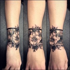 Tattoo Ideas Arm Cuff Tattoo, Flower Cover Up Tattoos, Wrist Band Tattoo, Small Wave Tattoo, Wrist Tattoo Cover Up, Cuff Tattoo, Cool Wrist Tattoos, Flower Wrist Tattoos, Tattoo Trend