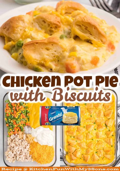 With just a handful of ingredients and a few minutes of prep, this Chicken Pot Pie with Biscuits is always a family favorite. Perfect for busy weeknights, it's ready in just 30 minutes! Pre Make Dinner Ideas, Pillsbury Biscuit Pot Pie, Best Chicken Pot Pie Recipe With Biscuits, Best Crockpot Chicken Pot Pie, Pilsbury Biscuit Chicken Pot Pie Recipes, Cheater Pot Pie, Cast Iron Chicken Pot Pie With Biscuits, Chicken Pot Pie Dump, Baked Potato Chicken Pot Pie