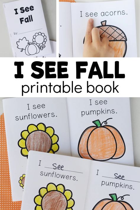 This free emergent reader is perfect for your preschool, pre-k, and kindergarten fall activities! Use the I see fall printable book to practice important early literacy skills with the kids. Get your own copy by clicking on the Fun-A-Day.com link. Fall Theme Prek Activities, Pre K Book And Activity, Fall Book Activities Preschool, Fall Reading Activities Preschool, Fall Curriculum Kindergarten, Fall Books Kindergarten, Thankful Books For Preschool, Free Emergent Readers Kindergarten, Pre K Fall Activities Free