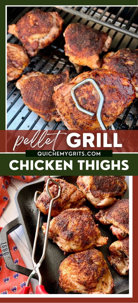 Two graphics depicting pellet grill chicken thighs. Pellet Grill Chicken Legs, Pellet Grill Chicken, Traeger Chicken Thighs, Traeger Smoked Chicken, Pellet Grilled Chicken, Smoked Chicken Thighs, Traeger Chicken, Grilled Chicken Legs, Traeger Grill Recipes