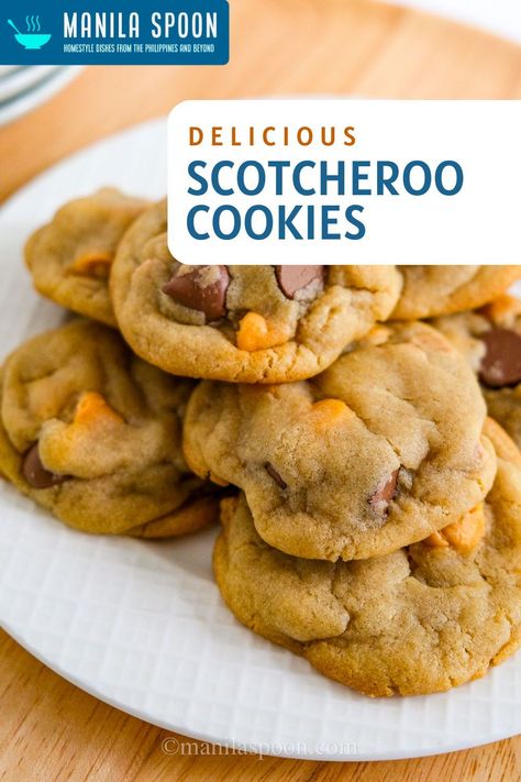 Scotcheroo Cookies are a delightful twist on the classic cookie recipe. These cookies are the perfect combination of sweet, chewy, and indulgent, with a touch of butterscotch, peanut butter, and milk chocolate chips. In this blog post, we’ll take you through the step-by-step process of making these mouthwatering cookies. Scotcharoo Cookies, Butter Scotch Cookies Recipes, Scotcheroo Cookies, Lunchroom Butter Cookies Recipe, Butterscotch Chip Recipes, Scotchies Cookies, Chocolate Butterscotch Cookies, Scotcharoos Recipe, Cookies Butterscotch