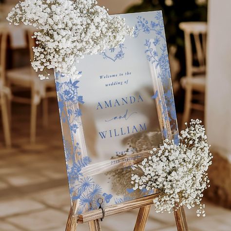 Elegant Blue French Garden Floral Wedding Welcome Acrylic Sign. Steel Blue And White Wedding, Dusty Blue Tablescape Wedding, French Wedding Decorations, Timeless Whimsical Wedding, Costal Blue And White Wedding, Shades Of Blue Wedding Ceremony Decor, Wedding Blue Aesthetic, Wedding Venues Light Blue, Rustic Garden Party Wedding