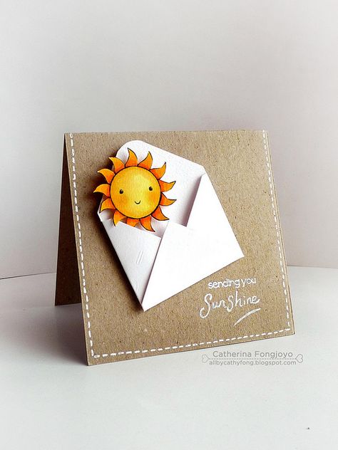 Sending you sunshine sentiment matched with an envelope and sweet watercolored sun popping out... Paper Cards, Summer Cards, Birthday Cards Diy, Encouragement Cards, Penny Black, Get Well Cards, Card Tags, Creative Cards, Cool Cards