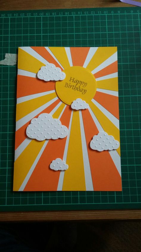 Sunshine card :) Orange and yellow sun rays with dots embossed card to make a nice cheery handmade homemade card. Happy Birthday card! Yellow Birthday Cards Diy, Yellow Birthday Card Ideas, Sun Cards, Big Birthday Cards, Sunshine Cards, Farewell Card, Sunshine Card, 9 Birthday, Farewell Cards