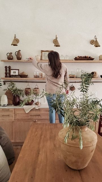 Long Floating Shelf Kitchen, Wood Shelves Dining Room, High Shelf Dining Room, How To Style Long Shelves, Dining Room Wall Shelving, Long Shelf Kitchen Wall, Natural Wood Floating Shelves Kitchen, Dining Floating Shelves, Long Shelf Dining Room