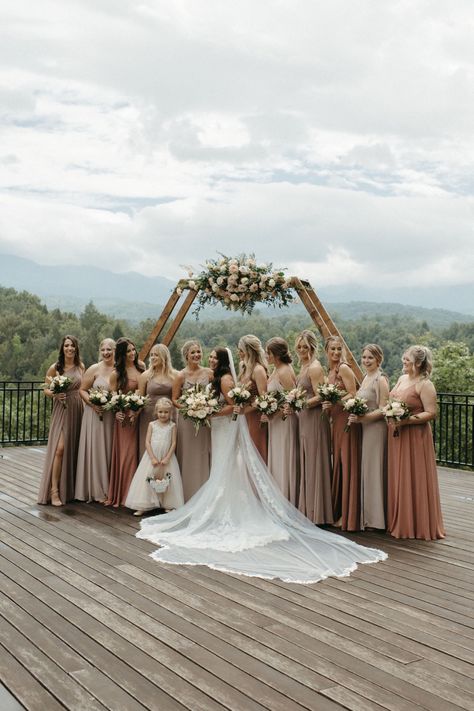 Western Boho Bridesmaid Dress, Wedding Color Schemes Country, Mountain Wedding Palette, Mocha Dress Bridesmaid, Wedding Cream Colors, Light Brown Bridesmaid Dress, Dreamy Mountain Wedding, Mismatched Earthy Bridesmaid Dresses, Bridesmaid Dresses Mountain Wedding