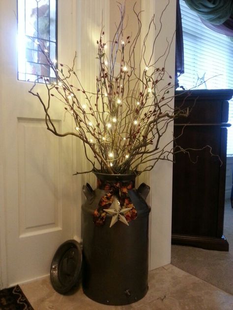 Milk can Milk Can Decor, Old Milk Cans, Christmas Entryway, Porch Light, Light Ideas, Christmas Front Porch, Christmas Porch Decor, Front Porch Decorating, Fall Decorations Porch