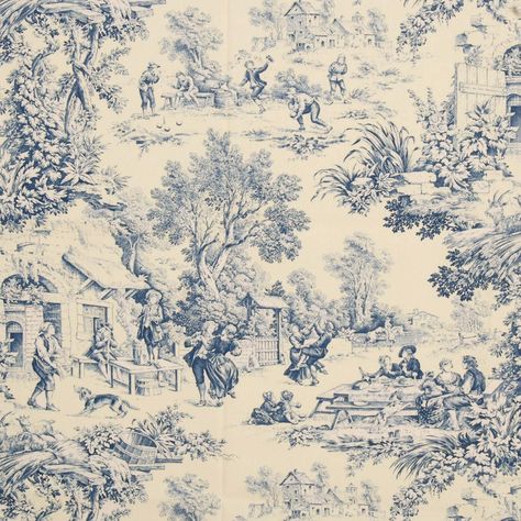 French Country Blue, Toile Wallpaper, Toile Pattern, Blue Toile, Upholstery Cushions, Toile Fabric, Country Blue, Country Scenes, Scene Design