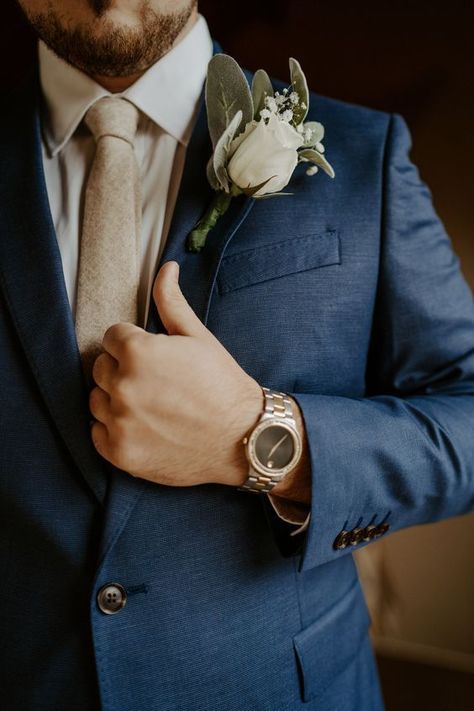 Heathered Blue Suit Wedding, Navy Suit With Gold Tie, Navy And Cream Suit, Navy Suit With Brown Tie, Navy Blue Groom And Groomsmen Suits, Navy Blue And Tan Groomsmen Suits, Groomsmen Blue Attire, Groom In Blue Suit, Navy And Khaki Wedding