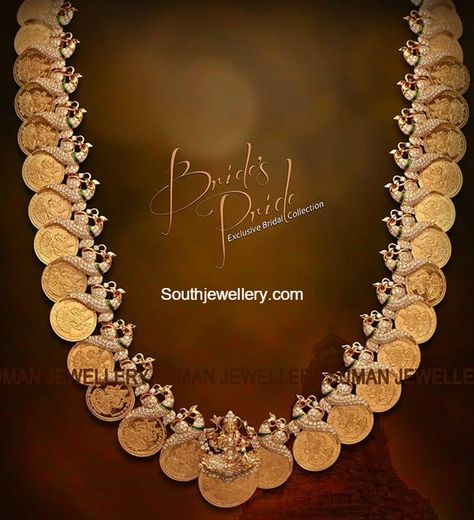 Peacock Lakshmi Diamond Kasu Mala Latest Indian Jewellery, 22 Carat Gold Jewellery, Temple Jewelry Necklace, Gold Temple Jewellery, Mala Jewelry, Gold Jewelry Simple Necklace, Beautiful Gold Necklaces, Gold Necklace Indian Bridal Jewelry, Antique Jewelry Indian