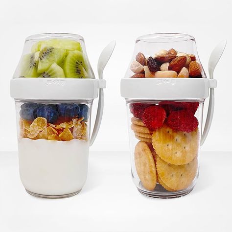 Amazon.com: Felli On the Go Yogurt Parfait Snack Cup 12 oz Leak Proof, Spoon + Compartment for Cereal Milk Granola Breakfast Dessert, Reusable To Go Overnight Oats Container with Lid, Baby Travel Jar (2, White): Home & Kitchen Fridge Stock, Travel Jar, Yogurt Snacks, Baked Breakfast Recipes, Plastic Recycling, Cereal Milk, Granola Breakfast, Adventure Seeker, Oats Recipe