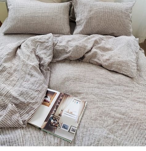 Softened brown striped linen duvet cover set Pin Stripe Bedding, Striped Linen Bedding, Bedding Sets Aesthetic, Stripe Aesthetic, Pinstripe Bedding, Striped Bed, Bed Clothes, Stripe Bedding, Bedroom Design Trends