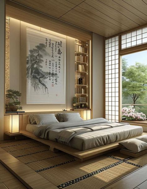 Traditional Japanese Room Aesthetic, Chinese Bedroom Design, Japandi Interiors Bedroom, Japanese Bedrooms, Traditional Japanese Bedroom, Modern Japanese Bedroom, Asian Style Bedrooms, Japanese Style Bedroom, Japandi Bedroom