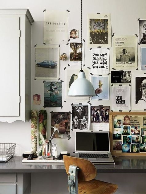 Modern home office featuring polished concrete desktop on a built-in and a gallery wall style inspiration board above the desk - Home Office Ideas Jew Plant, Wandering Jew, Dekorasi Kamar Tidur, Swedish House, Creative Workspace, Workspace Inspiration, Wooden Desk, A Desk, Office Inspiration