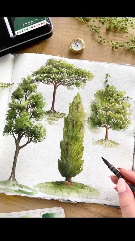 Watercolour Greenery, Tree Watercolor Painting, Watercolor Paintings For Beginners, Diy Watercolor Painting, Watercolor Painting Techniques, Watercolor Flower Art, Painting Art Lesson, 수채화 그림, Watercolor Art Lessons