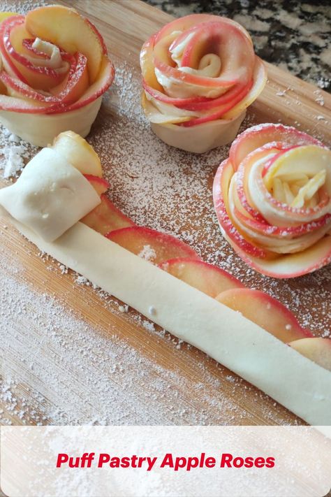 Beautiful apple roses made with puff pastry Baked Apple Roses, Flower Shaped Food, Tea Party Menu, Valentines Recipes Desserts, Flower Desserts, Roses Beautiful, Dessert Cakes, Shower Desserts, Themed Desserts