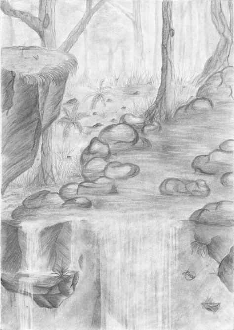 Drawings Of Landscapes, Simple Pencil Drawings, Nature Sketches Pencil, Happy Drawings, Waterfall Drawing, Drawing Landscapes, Observational Drawings, Landscape Drawing Easy, Pencil Drawings Of Nature