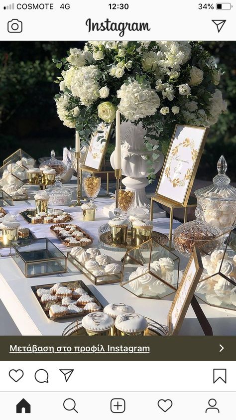 Wedding Cake Tables Ideas Elegant, White And Gold Food Display, Wedding Dessert Table Gold, Engagement Dessert Table Ideas, Simple Wedding Snack Table, Nikah Table Decor, Desert Bar Wedding Mini Desserts, Engagement Buffet, Wedding Dessert Buffet Ideas