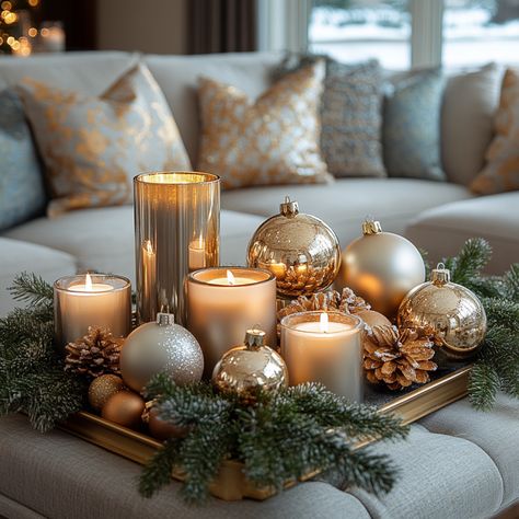 Christmas Decoration For Home, Gray And Gold Christmas Decor, Christmas Decorations Ideas Living Room, Christmas Decor Ideas Brown And Gold, Ornaments In Bowl Decor, Christmas Decorative Tray Ideas, Christmas Luxury Decor, Living Room Christmas Decoration, Classy Christmas Home Decor