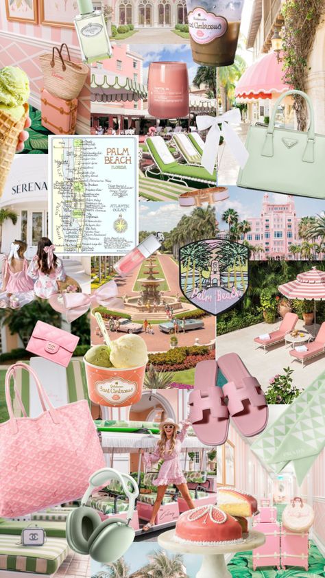 Pink Florida Aesthetic, Hamptons Preppy Aesthetic, Palm Beach Mood Board, Palm Royale Bachelorette, West Palm Beach Aesthetic, Palm Royale Aesthetic, Palm Royale Party, Girly Beach Aesthetic, Preppy Mood Board