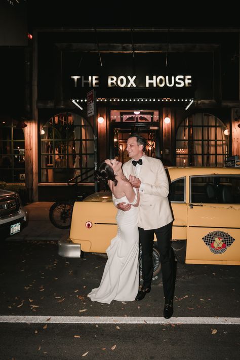 Box House Hotel Wedding, Brooklyn Wedding Photographer, NYC Wedding Photographer, NJ Wedding Photographer, Brooklyn Chic Wedding, Brooklyn Wedding Venue, NYC Wedding Venue, NYC Wedding, Disco Ball Wedding, Wedding Photo Inspiration, Wedding Photo Ideas, Cinematic Wedding Photography, Documentary Wedding Photography, playful night time flash photo of tall bride and groom  dancing in the street outside of the Box House Hotel with a retro NYC yellow cab. Wedding Disco Ball, Tall Bride, Disco Ball Wedding, Retro Nyc, Bride And Groom Dancing, Brooklyn Wedding Photos, Wedding Disco, Dancing In The Street, Brooklyn Wedding Venues