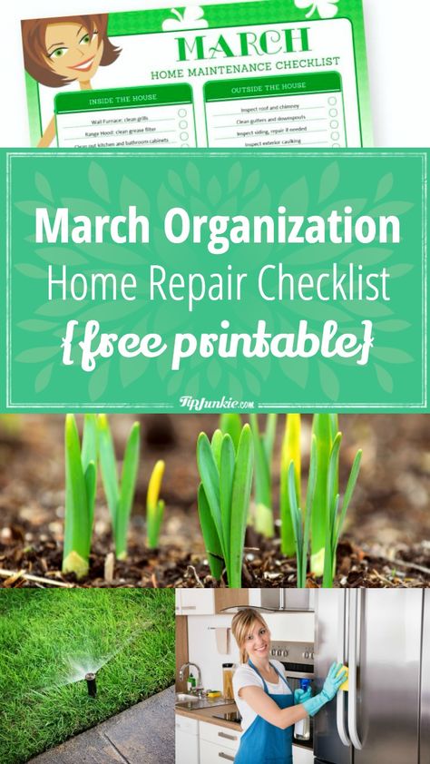 With this organization and home repair checklist for March, you can tackle home repair and maintenance tasks with a minimum of stress {knuckle bumps}. via @tipjunkie March Checklist, Spring Begins, Maintenance Logo, Home Maintenance Schedule, Free Download Printables, Home Maintenance Checklist, Housekeeping Tips, Maintenance Checklist, Checklist Printable