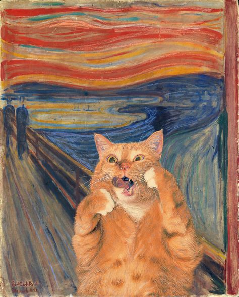 “The Cream of the Scream” after “The Scream,” Edvard Munch ^12^ Svetlana Petrova and her muse, Zarathustra Fat Orange Cat, Most Famous Paintings, 강아지 그림, Edvard Munch, Famous Paintings, Art Parody, Fat Cat, Pierre Auguste Renoir, Dessin Adorable