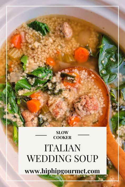 ITALIAN WEDDING SOUP IN CROCKPOT Gluten Free Italian Wedding Soup, Crockpot Italian Wedding Soup, Soup In Crockpot, Gluten Free Turkey Meatballs, Wedding Soup Recipe, Easy Healthy Soup, Italian Meatball Soup, Slow Cooker Italian, Italian Wedding Soup Recipe