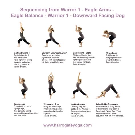 How to sequence from #Virabhadrasana1 to #Garudasana to #Vrksasana to #AdhoMukhaSvanasana ! Eagle Pose Yoga Sequence, Headstand Yoga Poses, Yoga Notes, Different Types Of Yoga Asana, Two Person Yoga Poses, Pregnancy Yoga Poses, Eagle Pose Yoga, Yoga Poses Chart, Restore Yoga Sequence