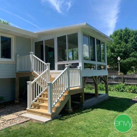 Sunroom Addition Enclosed Patio, Second Story Sunroom, Add A Sunroom, Enclosed Decks, All Season Room, Screened In Deck, Sunroom Addition, Raised Deck, Three Season Room