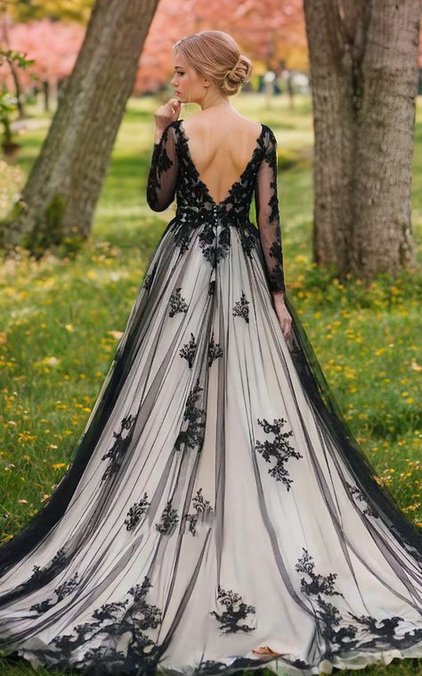 Non-Traditional Gothic Black and White Boho Lace Wedding Dress Flowy F | KissProm Lace Wedding Dress Flowy, Boho Lace Wedding Dress, Black Lace Wedding Dress, Short White Dress Wedding, Black Wedding Gowns, Knee Length Wedding Dress, Court Train Wedding Dress, Backless Bridal Gowns, Black Ball Gown