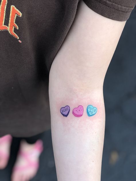 Small Candy Tattoo, Sweet Tart Heart Tattoo, Conversation Hearts Tattoo, Sweetheart Candy Tattoo, Candy Heart Tattoo Outline, Sweet Tattoos Candy, Candy Hearts Aesthetic, Heart Lollipop Tattoo, Valentines Tattoo Designs