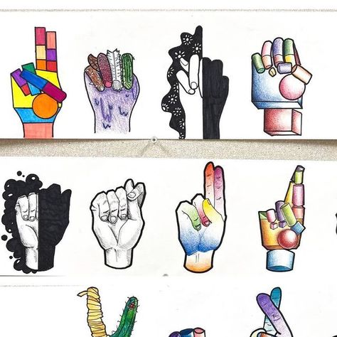 Ms. Mills on Instagram: "My Art 1 students’ final project: Elements of Art Sign Language Hands🤟🏼 . 1. Taught students how to draw hands 2. Learned about the elements of Art 3. Intro to project. The were required to pick a 6 letter word and draw it out in sign language. All the elements of Art (minus color) were represented in each hand. . #artteacher #artteachersofinstagram #art #elementaryart #middleschoolart #highschoolart #classroomorganization #classroom #artroom #artteacheradvice #texasar Sign Language Art Project, Sign Language Drawing, Sign Language Hands, 7 Elements Of Art, 6 Letter Words, Sign Language Art, The Elements Of Art, Sign Languages, Element Signs