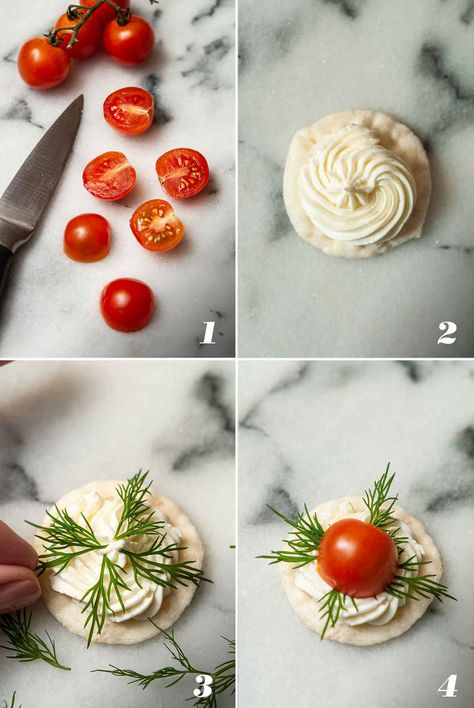 Decorate your holiday party with these charming Christmas ornament appetizers! Made with cherry tomatoes, yellow bell pepper, fresh dill and whipped cream cheese, the recipe is simple, elegant, delightful and will enchant everyone at the Holiday party! Hor Derves Appetizers Parties Holidays, Christmas Canapes Make Ahead, Mini Christmas Appetizers, Xmas Canapes, White Appetizers, Holiday Party Menu, Christmas Canapes, Crackers Appetizers, Christmas Starters