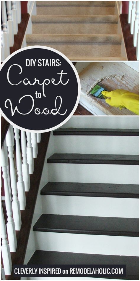 Change Your Stairs From Carpet To Wooden Treads With This Tutorial, By Cleverly Inspired Featured On @Remodelaholic Stairs Carpet To Wood, Diy Stairs Makeover, Diy Staircase Makeover, Stairs Makeover Ideas, Stairs Carpet, Stairs Renovation, Stair Makeover, Diy Staircase, Stairs Makeover