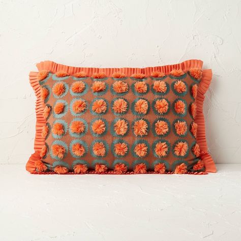 Add a burst or rich color and texture to your space with this Oblong Jungalow Fringe Pom Decorative Throw Pillow from Opalhouse™ designed with Jungalow™. This decorative jacquard throw pillow is adorned with fringed pompoms in coral orange arranged over green circles on a rust-colored background, creating a rich checkered design for a stunning look. It's finished with coral orange pleated trim edges and a solid textured surface on the reverse for added depth and dimension. Featuring a cotton-ble Jungalow Bedroom, Decorative Wall Sculpture, Pom Pom Pillows, Orange Throw Pillows, Fringe Pillows, Orange Pillows, Gold Pillows, Orange Coral, Lumbar Throw Pillow