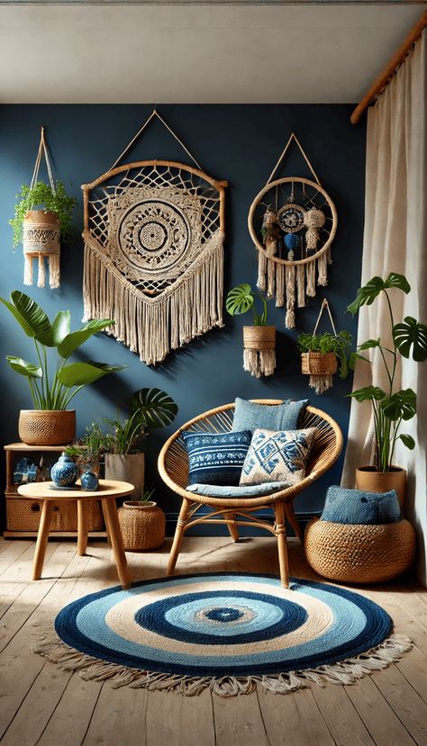 15 Blue Boho Living Rooms Blue Boho Room, Blue Boho Living Room, Blue Boho Bedroom, Boho Living Rooms, Bold Eclectic, Bold Boho, Light Blue Walls, Meditation Room Decor, Navy Blue Walls