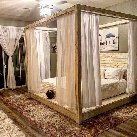 Canopy Bed For Adults, Four Post Bed Frame, Canopy Bed Diy Bedroom, Built In Canopy Bed, Beds With Poles Frame, Pallet Canopy Bed, 4 Post Bed Frame, Canopy Floor Bed Ideas, Canopy Bed Frame With Curtains