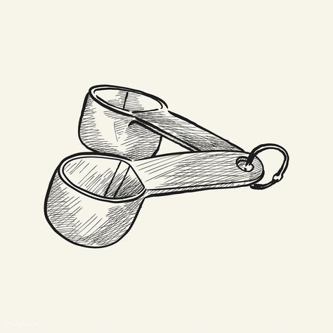 Vinatge illustration of measuring cups | free image by rawpixel.com Measuring Cup Tattoo, Measuring Spoon Drawing, Measuring Cups Aesthetic, Measuring Cups Drawing, Baking Drawings, Kitchen Tools Drawing, Objects Aesthetic, Coffee Marketing, Baking Illustration