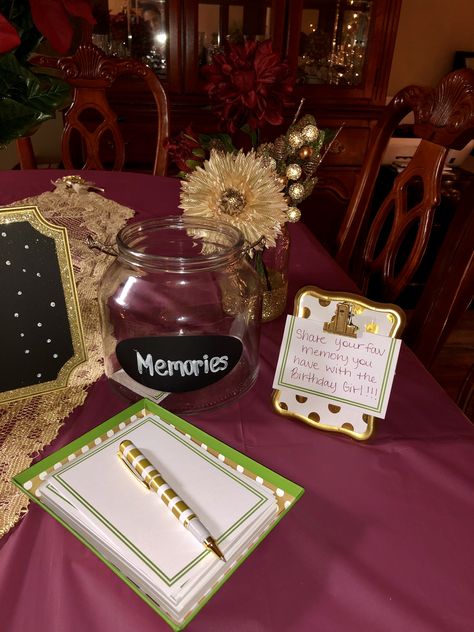 Memory jar idea for sweet 16 party #memoryjar #memories #sweet16 #sweetsixteen #burgundyandgold #burgunday #gold #christmastheme #christmasthemesweet16 #birthdayparty Birthday Party Memory Jar, Themes For Sweet Sixteen, Princess Sweet 16 Decorations, Sweet Sixteen Themes Unique, Sweet 16 Party Ideas In December, Sweet 16 Party Ideas Centerpieces, Southern Sweet 16 Party Ideas, Gift Table Sweet 16, Sweet 16 Fun Ideas