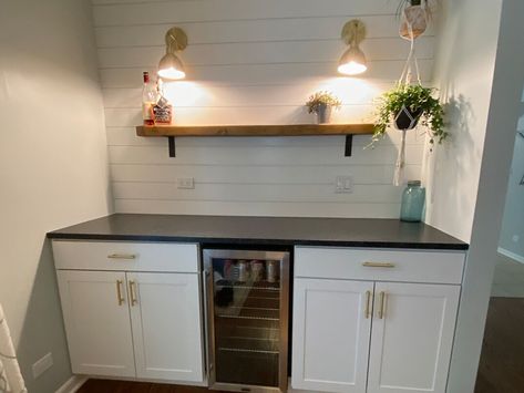 Home Dry Bar, Basement Dry Bar Ideas, Diy Dry Bar, Mini Fridge Bar, Garage Bar Ideas, Dry Bar Ideas, Mini Fridge Cabinet, Bar Countertops, Stock Cabinets